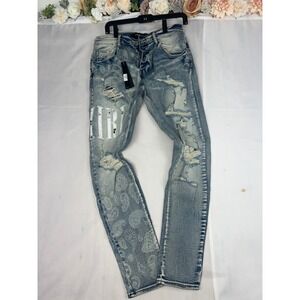 Amiri CA3288# Mens Distressed Paisley Logo Jeans Light Wash Size 32